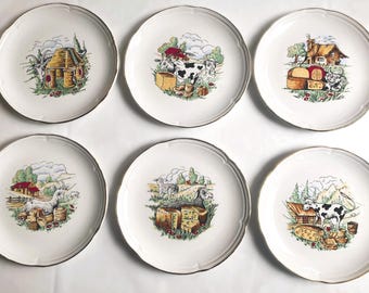 French Cheese Plates, Set of 6 VGC- D: 18cm Stamped, Vintage