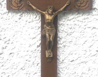 24" / 60cm Vintage Large Rose Wood Carved French Cross Crucifix Jesus Christ INRI