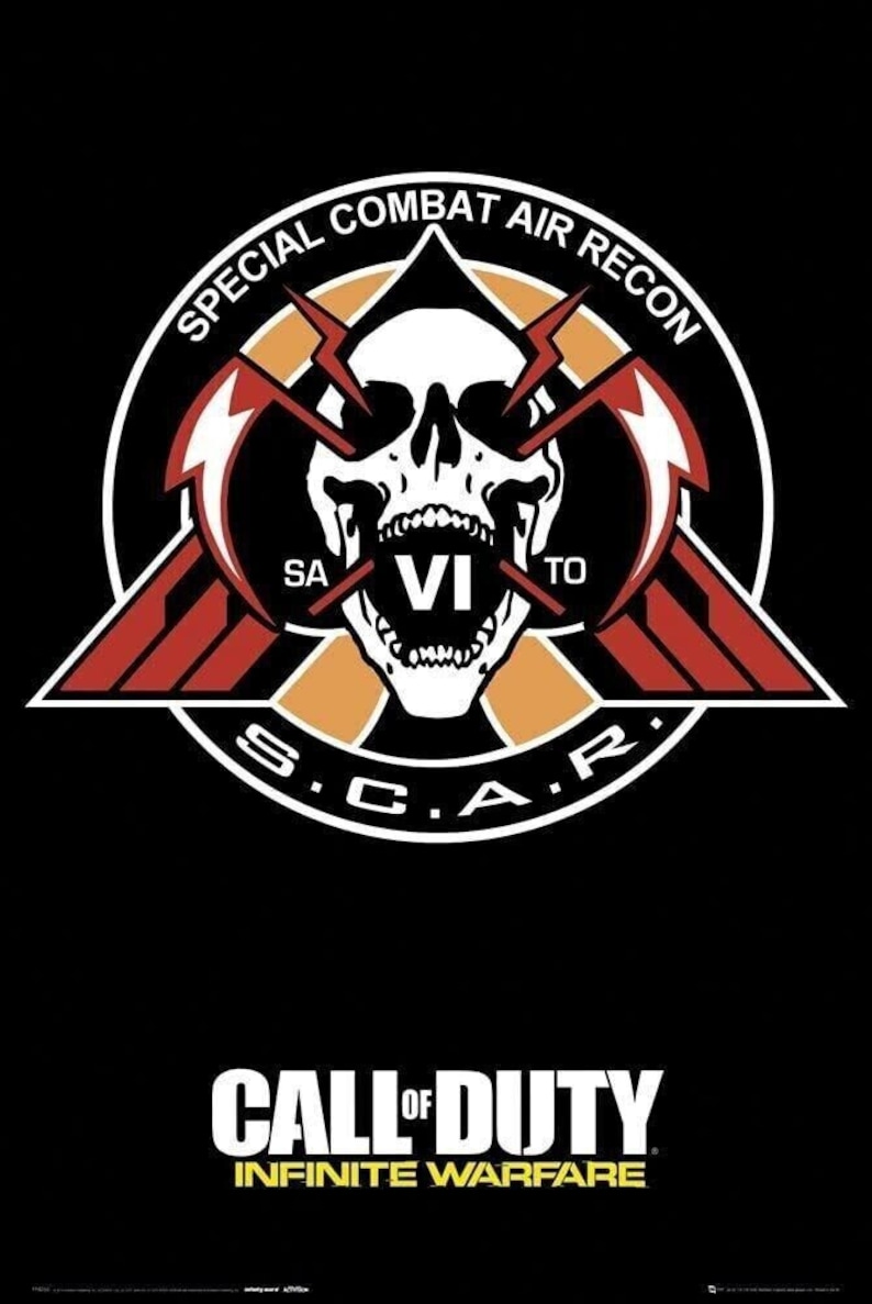 May include: A black and white skull with red lightning bolts and the text "SPECIAL COMBAT AIR RECON" and "S.C.A.R." surrounding it. The skull has the number "VI" in its mouth. Below the skull is the text "CALL OF DUTY INFINITE WARFARE" in yellow.