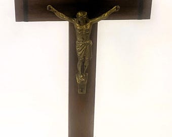 13.5" Vintage Wooden French Cross Crucifix Jesus Christ INRI with stand