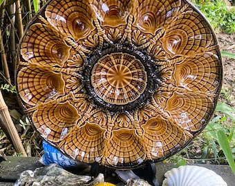 LARGE Oyster Serving Platter Plate with Scallop shells Sarreguemines Majolica 15"