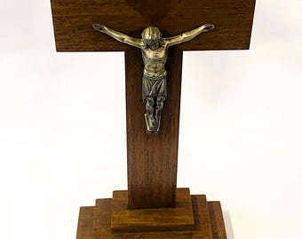 14.5" Vintage Wooden French Cross Crucifix Jesus Christ INRI with stand