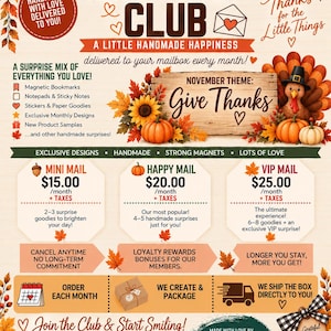 May include: A promotional flyer for the CharmingDesign4U Happy Mail Club featuring autumn-themed graphics like sunflowers, pumpkins, and a turkey. The text details monthly subscription tiers, including Mini Mail, Happy Mail, and VIP Mail options.