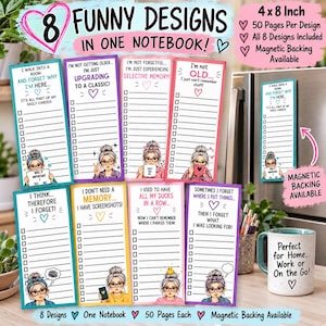 May include: A set of eight rectangular notepads measuring 4 by 8 inches, each featuring a unique humorous quote and a cartoon illustration of a person with glasses and a bun. The pads include checkboxes for lists and are available with magnetic backing.