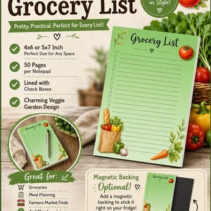 May include: A light green notepad titled Grocery List featuring a brown paper bag filled with vegetables, lined paper with checkboxes, and an optional magnetic backing. The notepad displays illustrations of a tomato, carrot, and garlic.