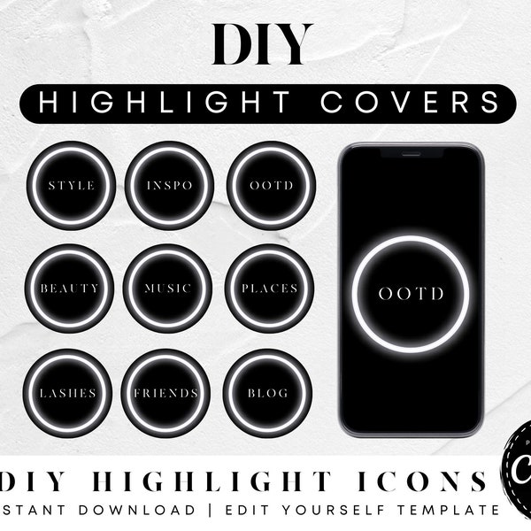 DIY Instagram Highlight Icon Covers, Instagram Stories, Instagram Story Covers, Text Icons, Black White Minimalist Neon IG Highlights Covers