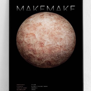 Puede incluir: Un póster en blanco y negro con el texto "MAKEMAKE" en una fuente sans-serif blanca. El póster presenta una imagen marrón y blanca de un planeta enano, con un fondo negro.