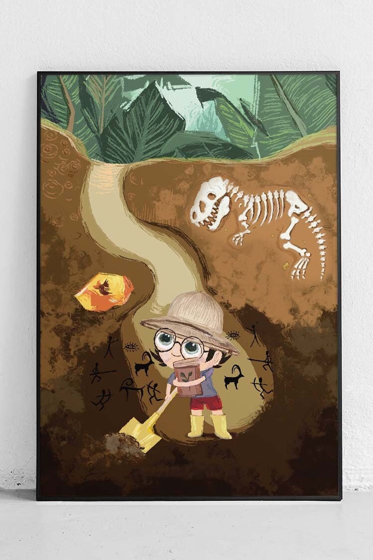 Pôster do menino arqueólogo: impressão de arte científica