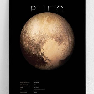 Pode incluir: Um pôster preto e branco com a palavra "Pluto" em texto branco no topo. Uma imagem de close-up de Plutão, um planeta anão, está no centro do pôster. A imagem é colorida e mostra a superfície de Plutão.