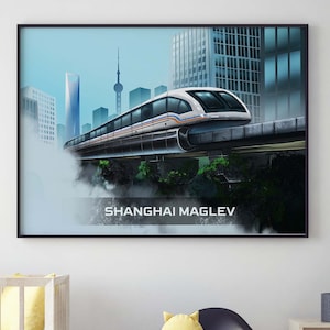 May include: A white and gray maglev train travels on a track above a city skyline. The train is in motion and the city is obscured by fog. The text "SHANGHAI MAGLEV" is printed below the train.