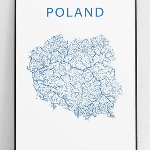 May include: A blue and white print of a map of Poland showing the rivers and waterways of the country. The title "POLAND" is printed at the top of the map.