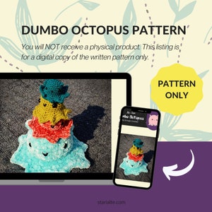 Puede incluir: Un patrón de descarga digital para tejer a crochet una pila de cuatro juguetes amigurumi de pulpo de colores. El patrón se llama "Dumbo Octopus" y es de "Kreative Crochet".