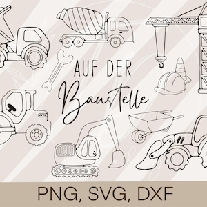 Ensemble pour enfants de fichiers traceurs sur le chantier de construction - Téléchargement de grue d'excavatrice PNG/ SVG/ DXF pour les dessins, impression de t-shirts numériques ou autocollants