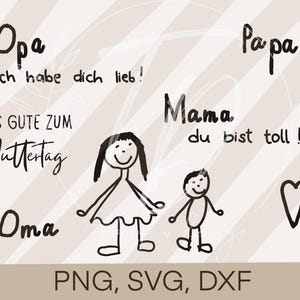Puede incluir: Una ilustración en blanco y negro de una familia con las palabras "Opa ich habe dich lieb!" "Alles Gute zum Muttertag" "Oma" "Mama du bist toll!" "Papa" en alemán.