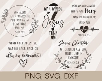 May include: Four black and white digital designs with religious quotes in German. The designs feature a heart, a question mark, and floral wreaths. The text includes "Was würde Jesus tun?", "Mehr als alles andere behüte dein Herz", "Von allen Seiten umgibst du mich und hältst deine Hand über mir", and "Jesus Christus ist derselbe gestern, heute und in Ewigkeit!"