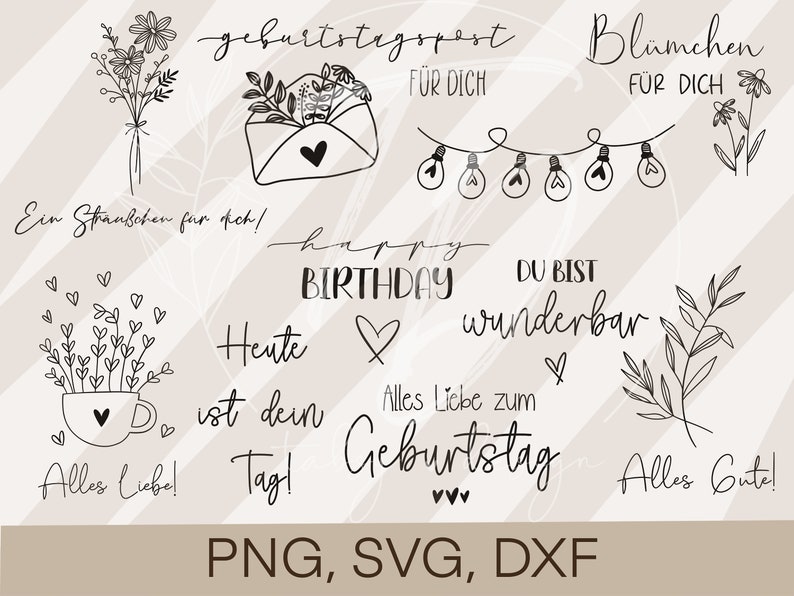 May include: A set of 10 black and white digital illustrations for a birthday celebration. The illustrations include a bouquet of flowers, a birthday card, a string of lights, a flower, a cup of flowers, a heart, a birthday cake, a branch, and the text "Happy Birthday", "Du bist wunderbar", "Alles Liebe zum Geburtstag", "Alles Gute!" and "Heute ist dein Tag!"