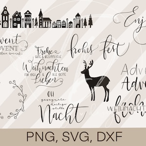 Op de afbeelding: Een verzameling zwart-witte digitale kerstontwerpen. Bevat silhouetten van huizen, een hert en diverse feestelijke zinnen zoals "Enjoy" en "Frohes Fest". De afbeelding bevat ook een bloemenkrans en de bestandsformaten PNG, SVG en DXF.