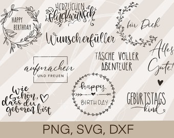 Op de afbeelding: Een set van 10 zwart-witte digitale clipart-afbeeldingen met verjaardagsgroeten in het Duits en Engels. De afbeeldingen bevatten kransen, harten en pijlen.