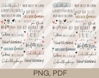 May include: A printable birthday card design with colorful text and illustrations. The text includes "Happy Birthday", "Hip Hip Hooray", "Konfetti Regen", and "Lass Dich Feiern".