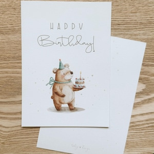 Postkarte Geburtstag | Happy Birthday | DIN A 6 | Grußkarte | Bärchen mit Torte