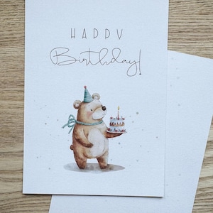Postkarte Geburtstag | Happy Birthday | DIN A 6 | Grußkarte | Bärchen mit Torte