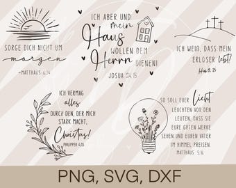 May include: A set of 10 black and white printable SVG files featuring inspirational quotes in German. The quotes include: "Sorge dich nicht um morgen", "Ich aber und mein Haus wollen dem Herrn dienen", "Ich vermag alles durch den, der mich stark macht, Christus", "Ich weiß, dass mein Erlöser lebt", and "So soll euer Licht leuchten vor den Leuten, dass sie eure guten Werke sehen und euren Vater im Himmel preisen."