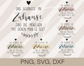 May include: A digital download of a printable quote in German that reads "Das schönste an Zuhause sind die Menschen mit denen man es teilt." The quote is displayed on a background with a watercolor effect in shades of brown, pink, and blue. The quote is surrounded by a black heart and a black floral design.