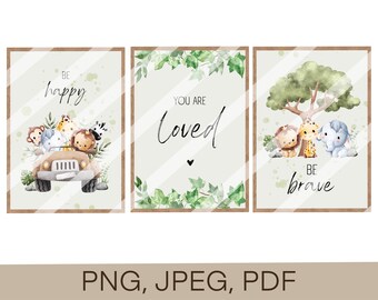 Kinderzimmer Poster - Safari Dschungel Bundle 1 - Englisch | PDF, PNG, JPEG | geliebt | zum ausdrucken | Print | Babyzimmer | Bild|Wandkunst