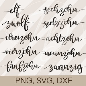 Plotterdatei Zahlen 11-20 Bundle German Geburtstag Cricut Silhouette plotten Design PNG/ DXF/ SVG