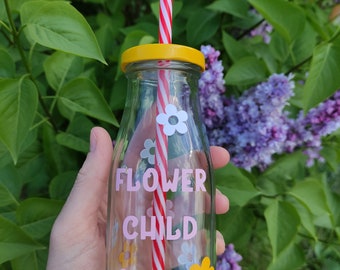 Süße Trinkflasche mit Strohhalm für Kinder, Glasflasche mit Deckel, Schraubverschluss, Kids