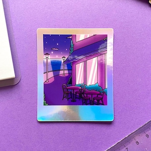 Adesivo olografico Polaroid "Late Night & Coffee Break" | Paesaggio notturno stellato, vibrazioni Vaporwave | Decorazione per telefono, computer, notebook, ecc.