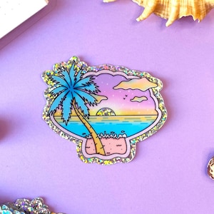 Holografische glittersticker in de vorm van een schelp, zonsondergang, strand en palmboom | Tropische, zomerse en dromerige sfeer | Decoratie voor notitieboekjes en dagboeken