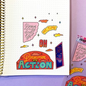 Planche de stickers transparente A6 - Vaporwave, Citation, motivation, nuage, glitter - Stickers pour journaling, bullet journal et notebook
