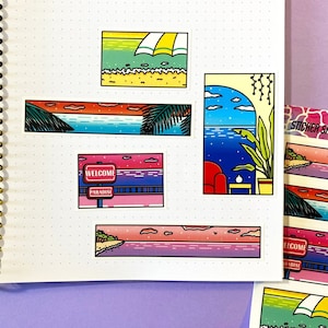 Vel stickers A6 - Landschappen decoratie journaling & Bullet Journal / Vaporwave Dreamscape Palm Tree Ocean Sky Dromerig Esthetisch Schattig