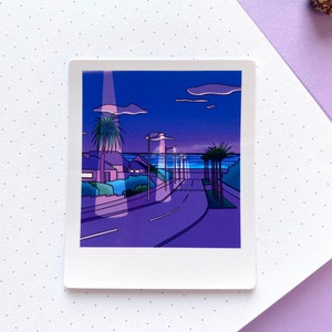 Sticker Waterproof brillant - Polaroid « Purple Summer Night »  | Dreamscape, ocean nuit, violet |  palmier | Téléphone, Bujo, Ordinateur