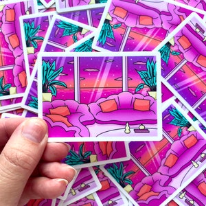 Sticker "Salon Cozy" Mat Waterproof | Dreamscape & Vaporwave vibe | Ocean, Ciel, Canapé coquillage | Pour Télephone, Ordinateur, Journaling