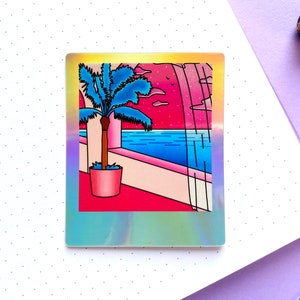 Sticker Holographique Waterproof Polaroid Tropique vaporwave / Vue sur l'océan rose et bleue vaporwave / Pour ordinateur - téléphone - note