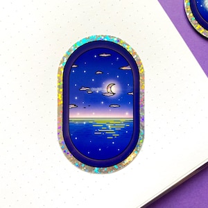 Holografische Glitzeraufkleber – „Night Ocean Fly View“ – Blau | Für Telefon, Computer, Notizbuch, Scrapbooking, Bullet Journal, Angebot