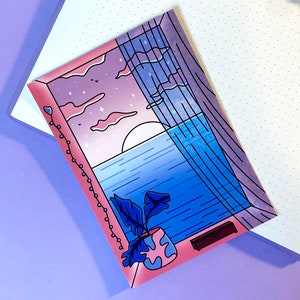 Carte postale Brillante | Art Print  - Esthétique Dreamy Vaporwave Vue sur l'océan part la fenêtre - Couchez de soleil | Déco murale