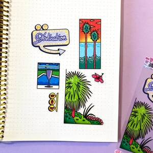 Hoja de pegatinas transparente A6 - Vaporwave, océano, cielo, vista, palmera, oficina - Pegatinas para diario, diario de viñetas y cuaderno