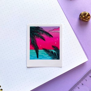 Sticker Glossy Waterproof Polaroid Tropique vaporwave / Vue sur l'océan rose et bleue vaporwave / Pour ordinateur - téléphone - note