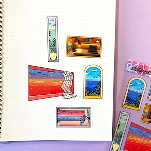 Hoja de pegatinas transparente A6 - Vaporwave, paisaje onírico, océano, cielo, nube, palmera, oficina | Diario, diario de viñetas y cuaderno