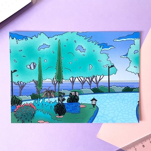Carte postale Brillante | Art Print  - Esthétique Dreamy Vaporwave Jardin vue sur l'océan