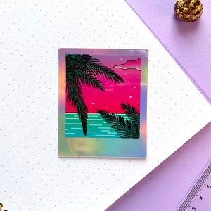 Sticker Holographique Waterproof Polaroid Tropique vaporwave / Vue sur l'océan rose et bleue vaporwave / Pour ordinateur - téléphone - note