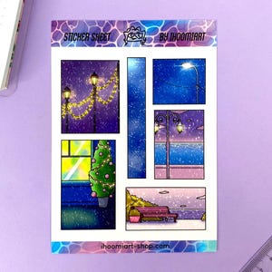 May include: A sticker sheet featuring illustrated winter scenes. The designs include a snowy street with lampposts, a Christmas tree by a window, and a bench overlooking a snowy body of water. The text "STICKER SHEET" and "BY IHOOMIART" are visible.