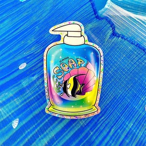 Frutiger aero aesthetic holographic sticker with a hand soap and a fish label design | Aquarium, Shell, fish | for decorate laptop, notebook