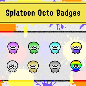 May include: A collection of 12 colourful Octo Badges from the video game Splatoon. The badges feature a cartoon octopus with different colour gradients.