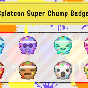 May include: Eight colorful Splatoon Super Chump badges featuring different expressions. Each badge has a white headband and is decorated with colorful paint splatters.