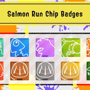 Puede incluir: Una cuadrícula de insignias coloridas que presentan diferentes diseños, incluyendo un pez, un cangrejo, un casco y una criatura con un ojo grande. El texto "Salmon Run Chip Badges" se muestra en la parte superior de la cuadrícula.