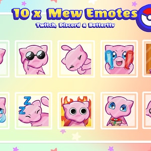 Könnte beinhalten: Ein Set mit 10 animierten Emojis in Rosa und Weiß, die ein rosa katzenartiges Pokémon mit verschiedenen Gesichtsausdrücken zeigen. Die Emojis sind für die Verwendung auf Twitch, Discord und Betterttv konzipiert. Der Text "10 x Mew Emotes" wird oben im Bild angezeigt.